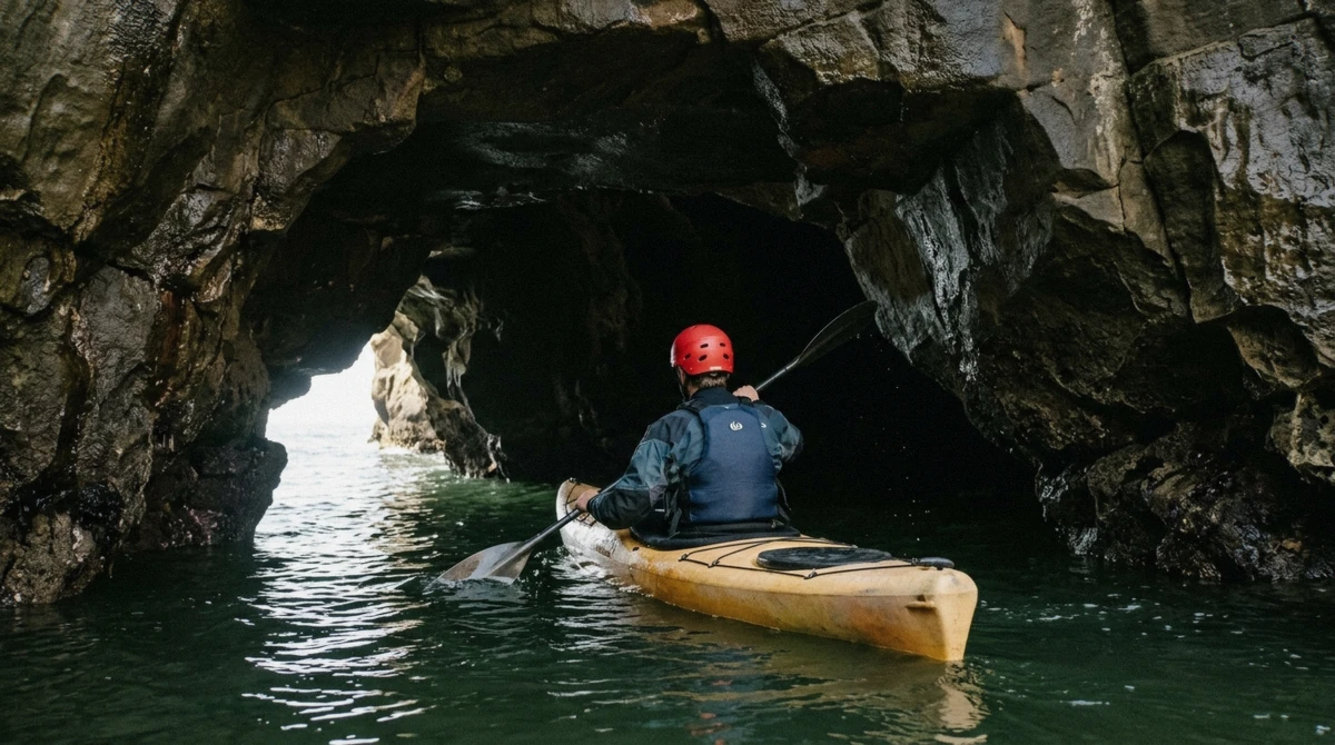 A guided kayaker wearing a safety helmet paddling into a sea cave entrance during a guided kayak tour in La Jolla, California