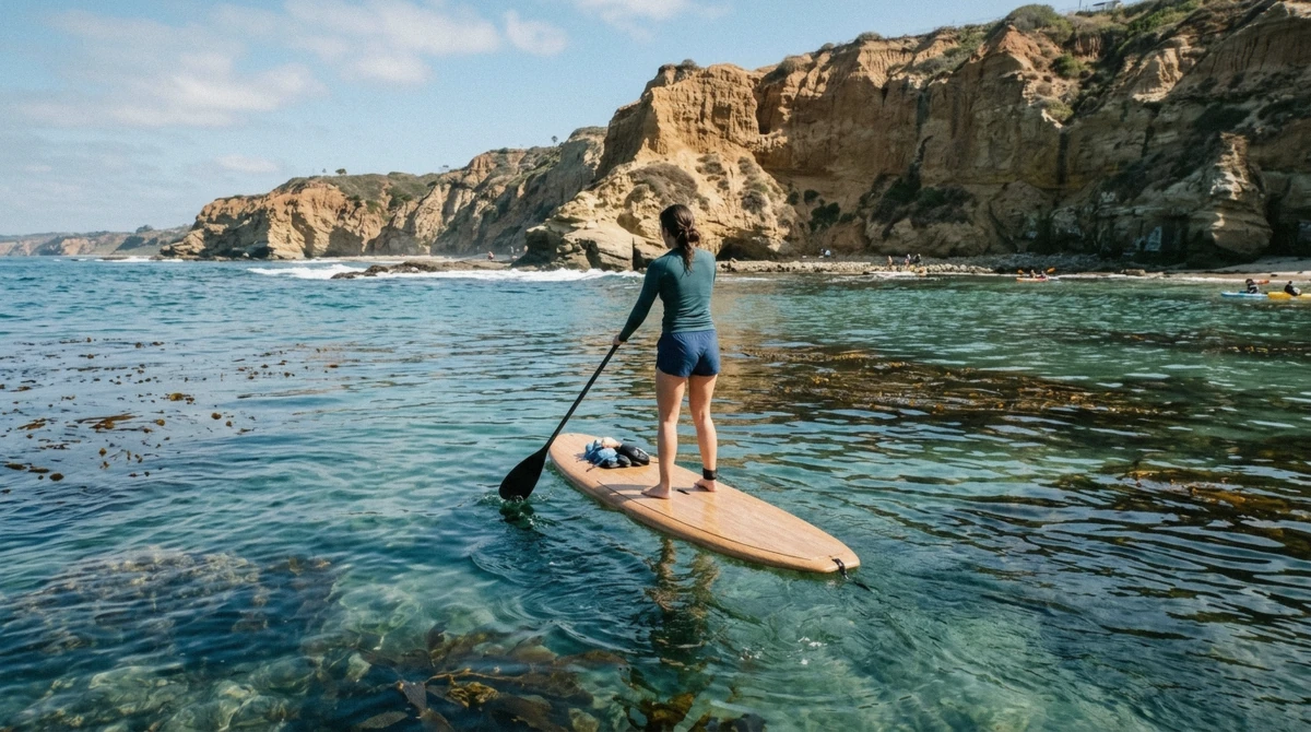 A person paddleboarding across the calm turquoise water of the La Jolla Ecological Reserve on a self-guided trip without a tour