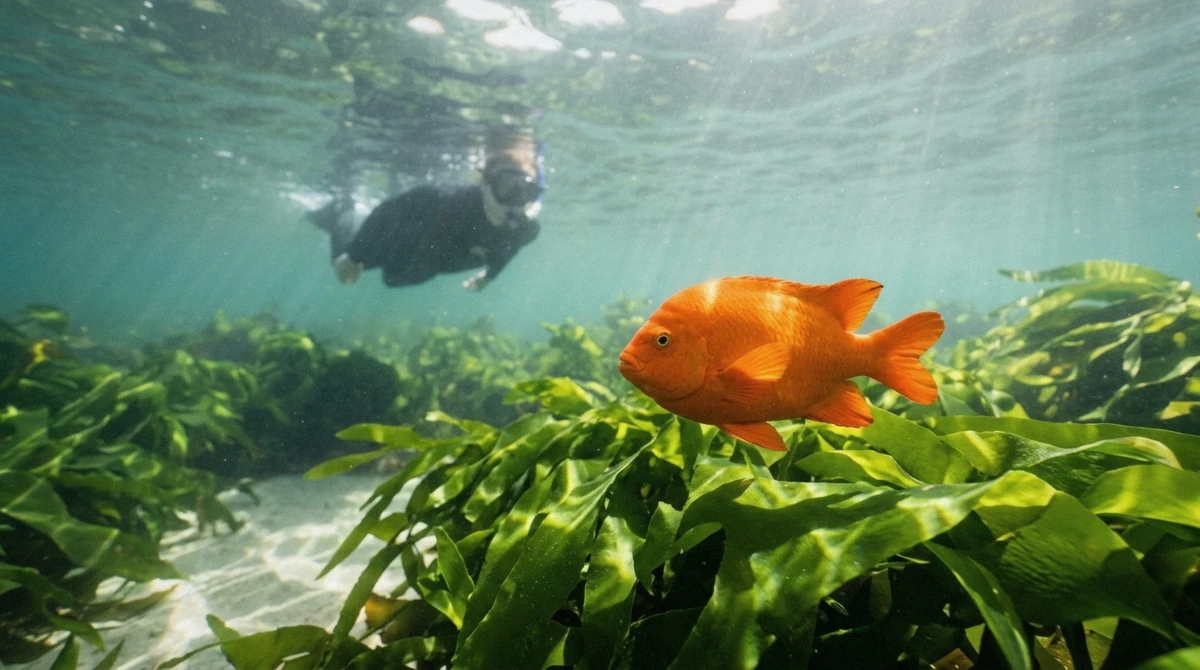 A snorkeler in a rash guard swimming beside bright orange garibaldi on a La Jolla kayak and snorkel combo tour