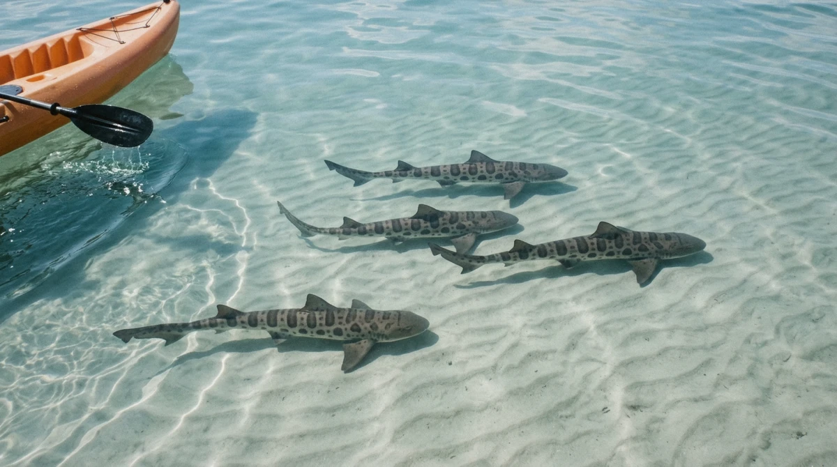 Leopard sharks visible from directly overhead in the clear shallow water off La Jolla Shores, one of the best photo spots for kayaking La Jolla