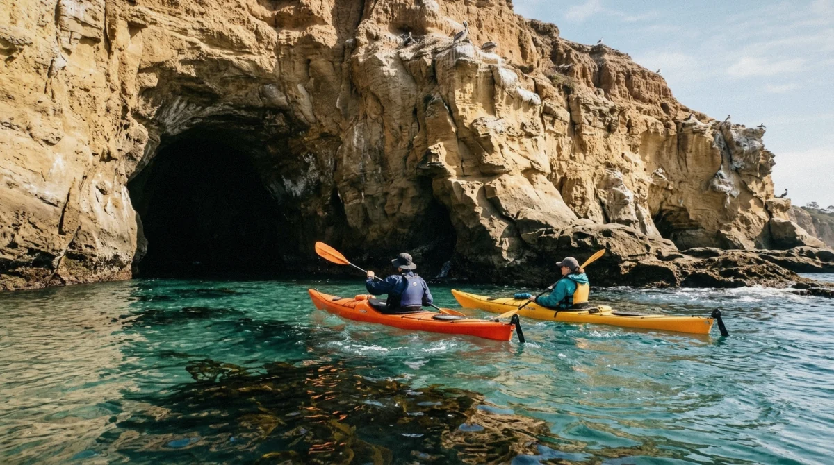 Sandstone sea cliffs and cave entrances at La Jolla under a marginal, choppier sky, the kind of ocean state that can close cave entry on a kayak tour