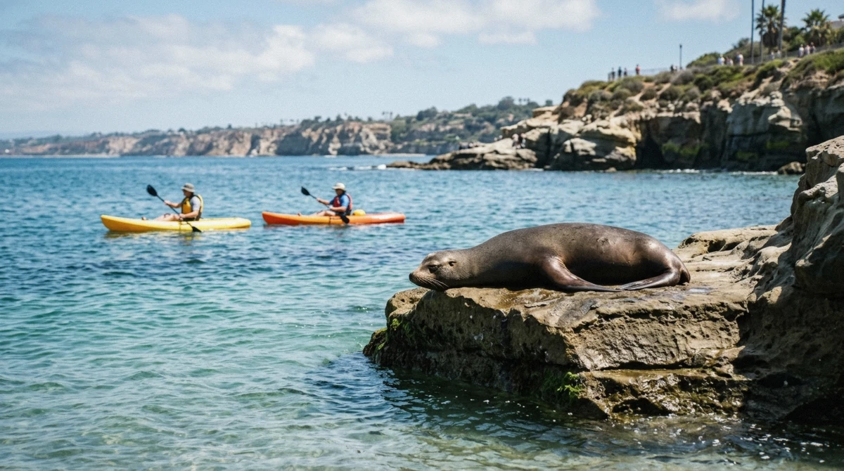 A California sea lion resting on a rock ledge as kayakers pass at a distance on a La Jolla kayak tour, one of the sights that decides who should book