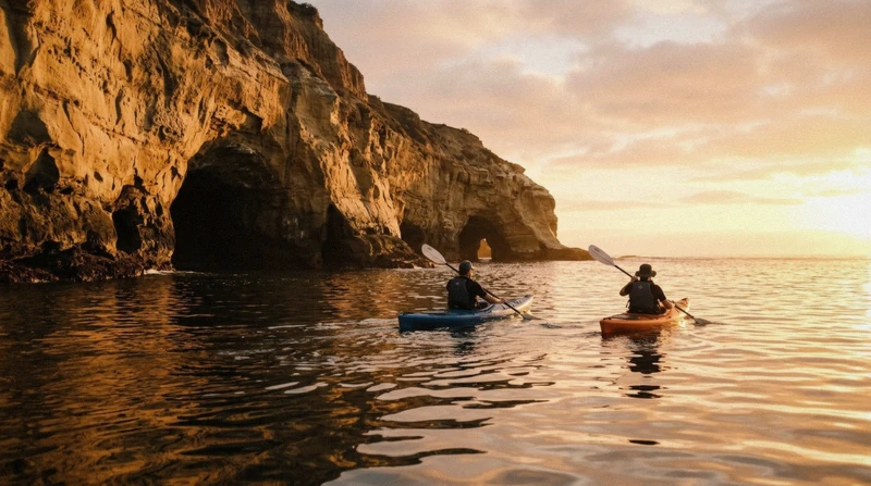 Kayakers paddling past the La Jolla sea cliffs at sunset on a La Jolla canoe sunset kayak tour of the seven sea caves, San Diego